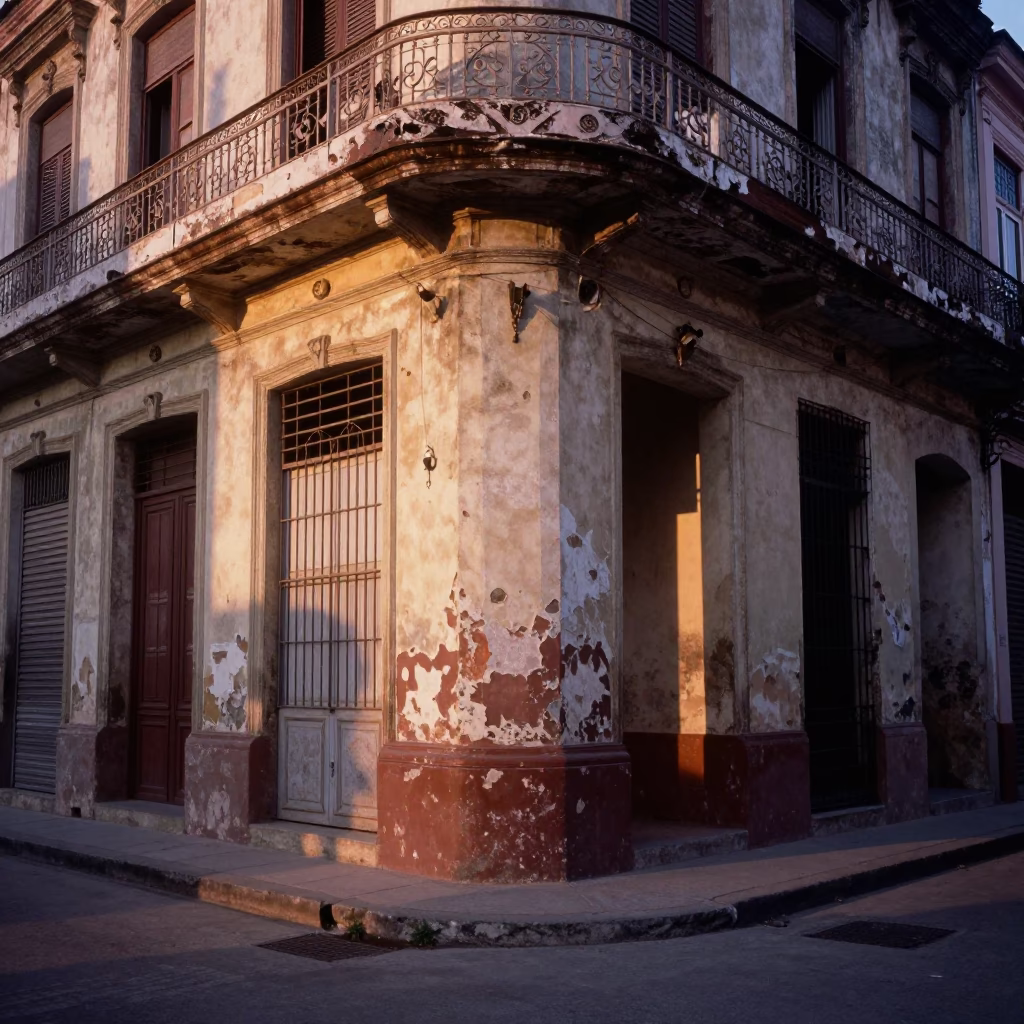 Dawn Light on Havana Street Corner with Peeling Paint and Local Daily Life in in Havana, Cuba