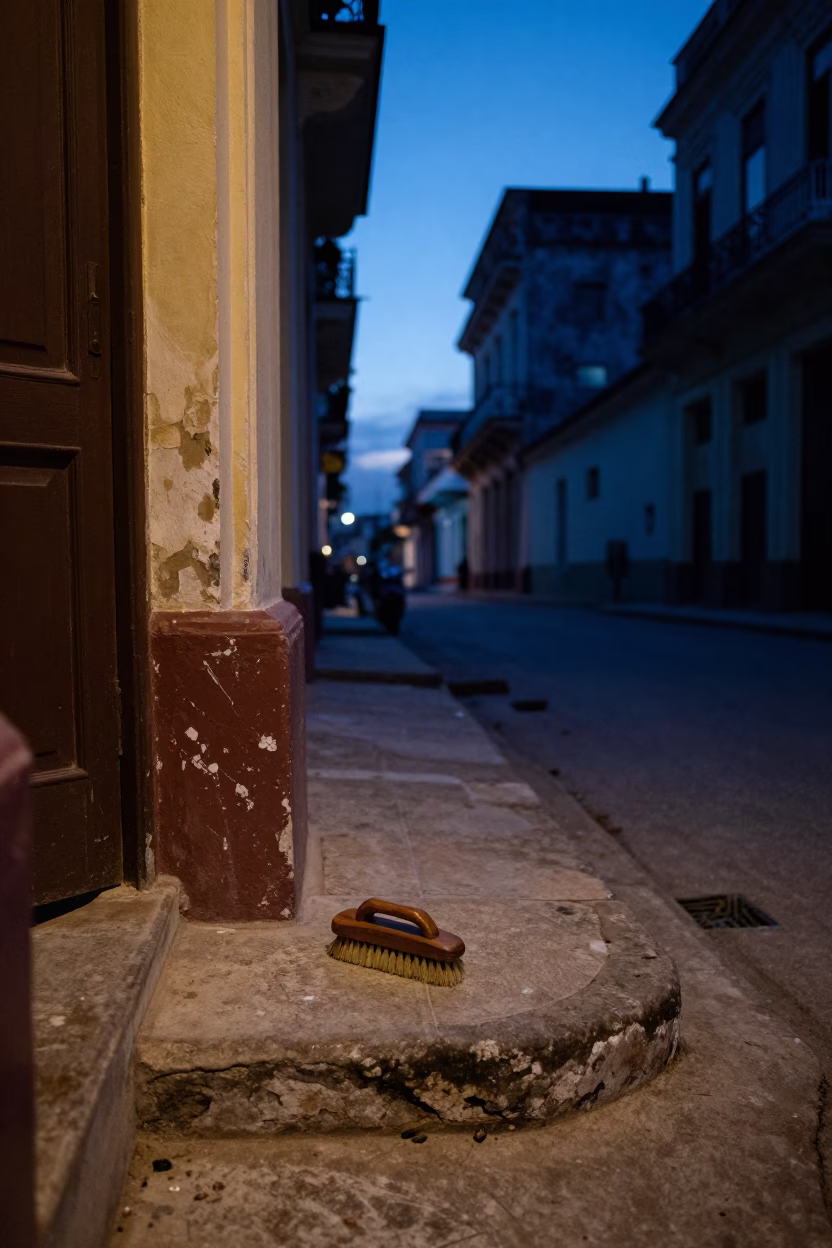 Dawn Light on Havana Street Corner with Shoe Brush and Wall Hook in in Havana, Cuba