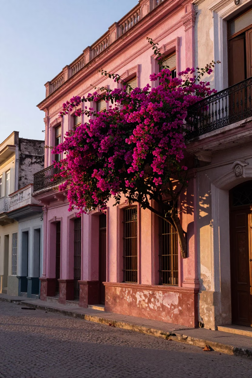 Dawn Light on Havana Street with Bougainvillea and Enamel Pitcher in in Havana, Cuba