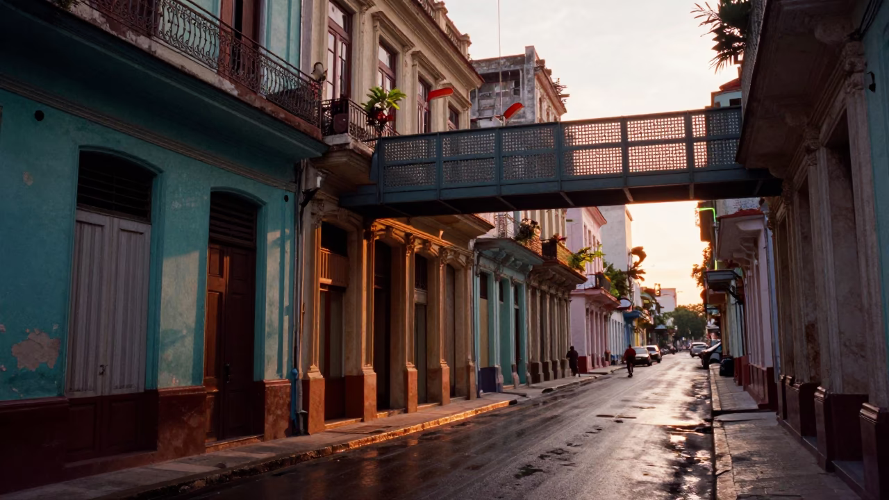 Dawn Light on Havana Street with Wet Perforated Metal Footsteps and Peeling Colonial Facades in in Havana, Cuba