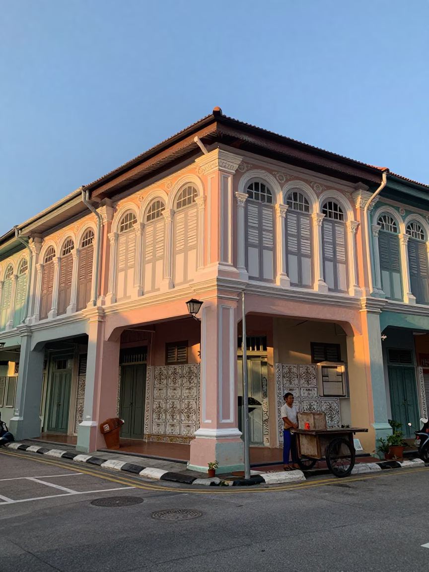 Dawn Light on Heritage Shophouse Street Corner in George Town Malaysia in in George Town, Malaysia