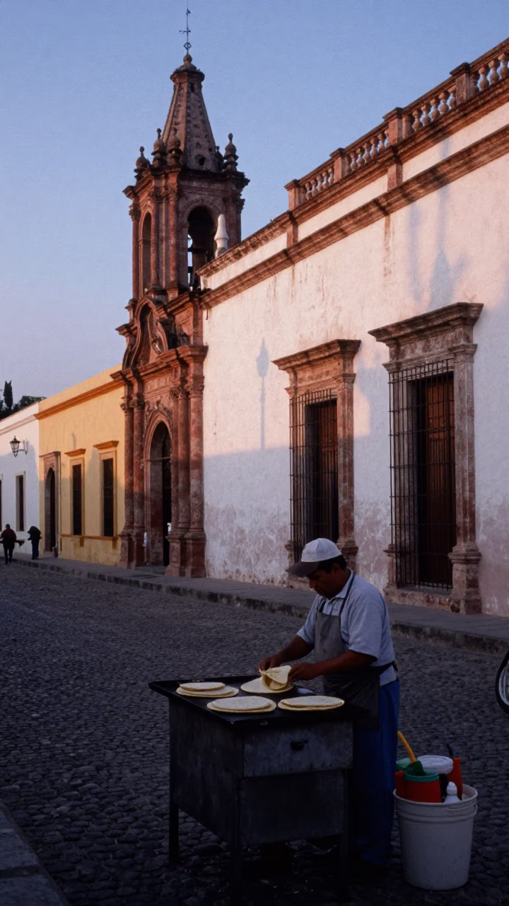 Dawn light on historic Guadalajara street with colonial architecture and morning market activity in in Guadalajara, Mexico