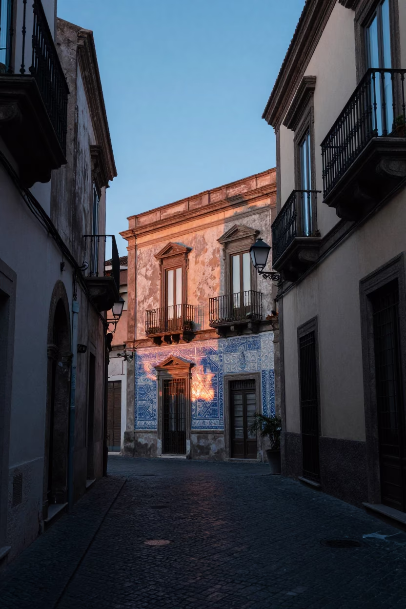 Dawn light on historic Naples street with traditional ceramic vase and local street scene in in Naples, Italy
