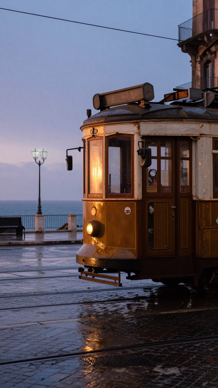 Dawn light on historic tram tracks and rain-swept Palermo street corner in in Palermo, Italy