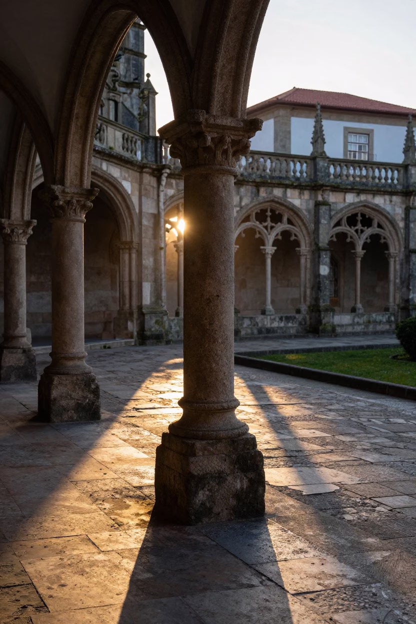 Dawn Light on Historic University Cloister Walkway in Porto Portugal Stone Architecture in in Porto, Portugal