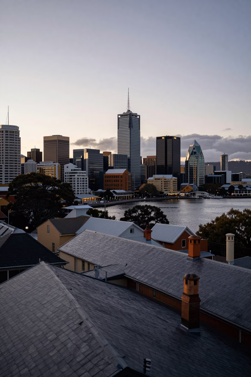 Dawn Light on Hobart Rooftops and Tasmanian Peninsula Views in in Hobart, Tasmania, Australia