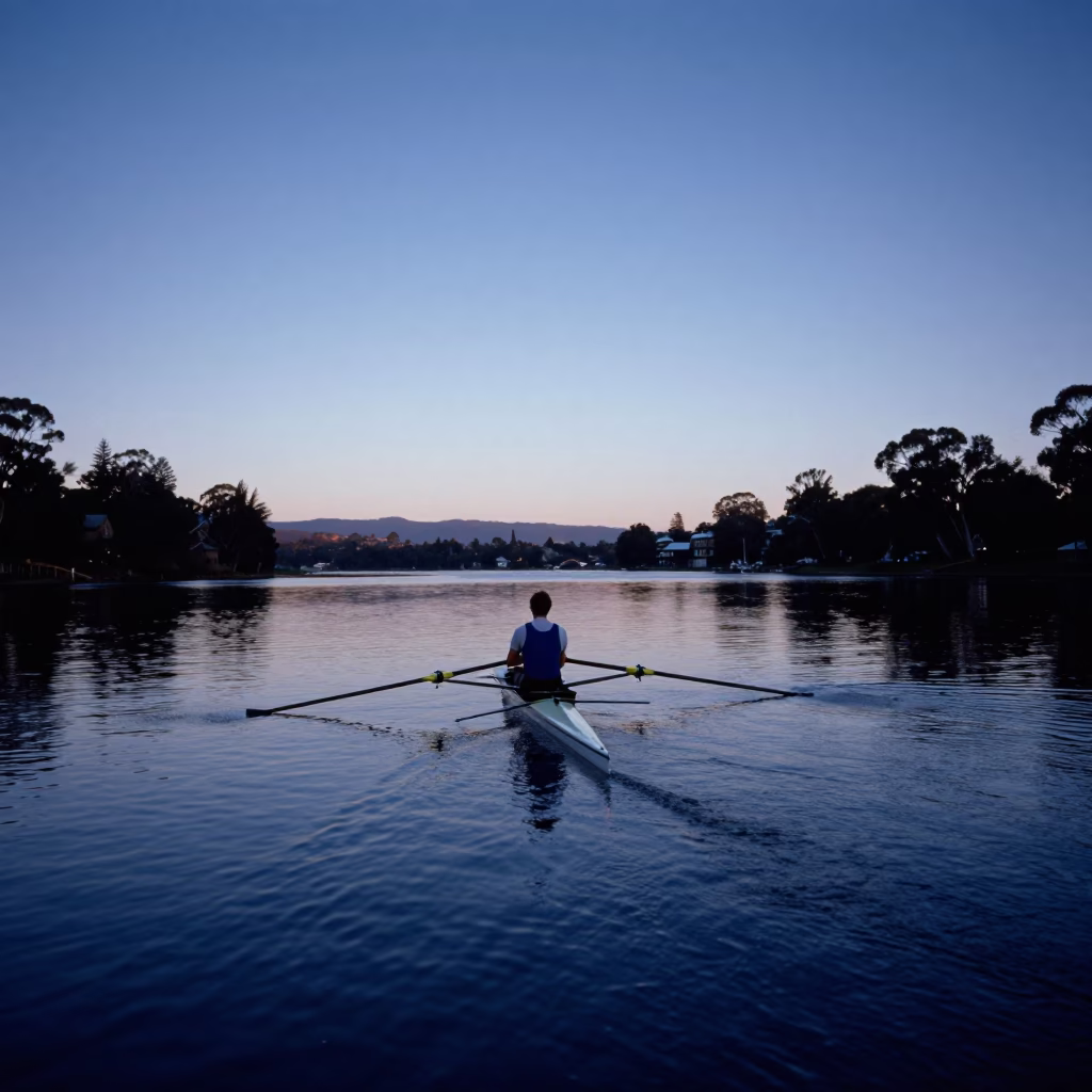 Dawn Light on Hobart's Derwent River with Rowing Shell and Coastal Mist in in Hobart, Tasmania, Australia