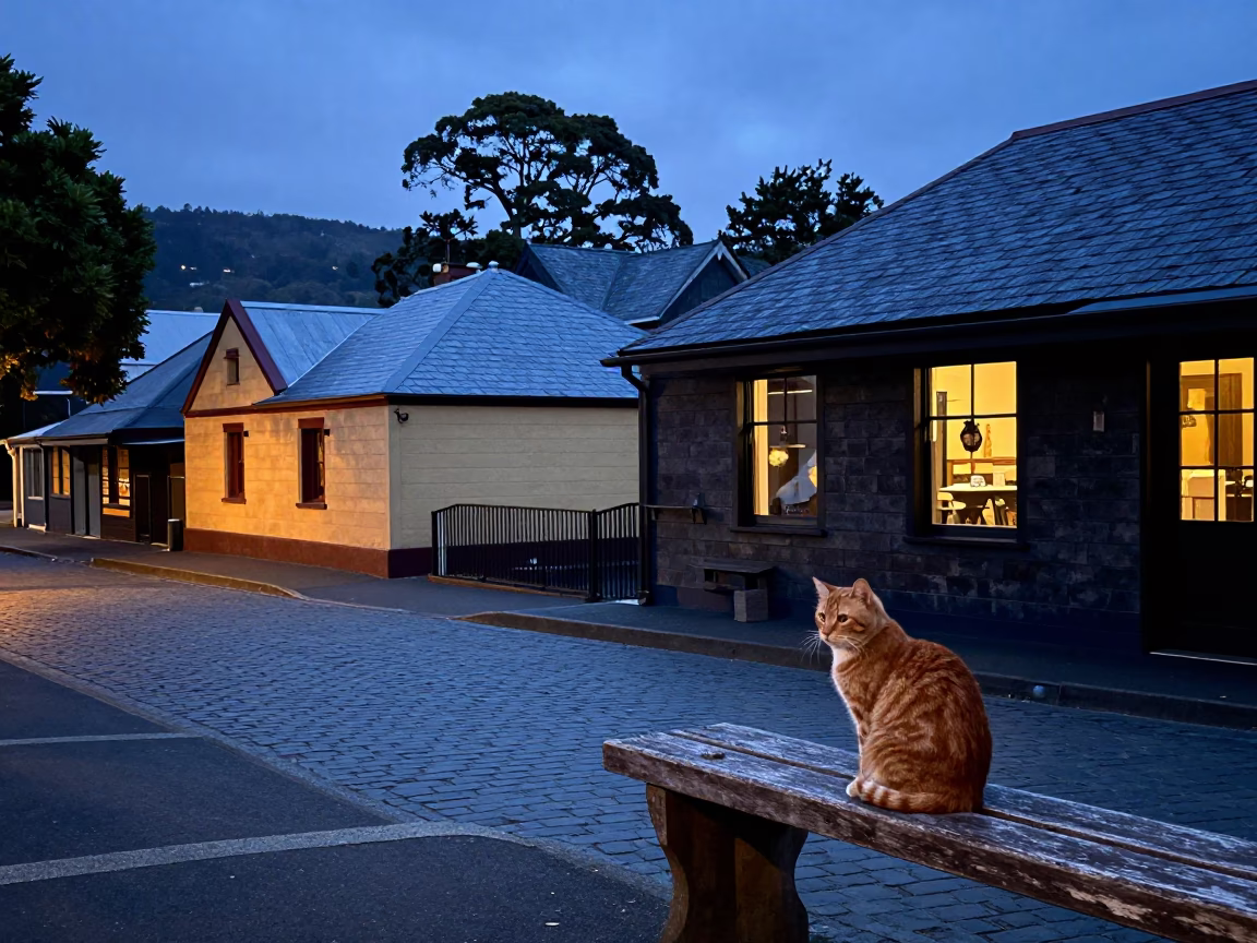 Dawn Light on Hobart Street with Ginger Cat and Newspaper Stack in in Hobart, Tasmania, Australia