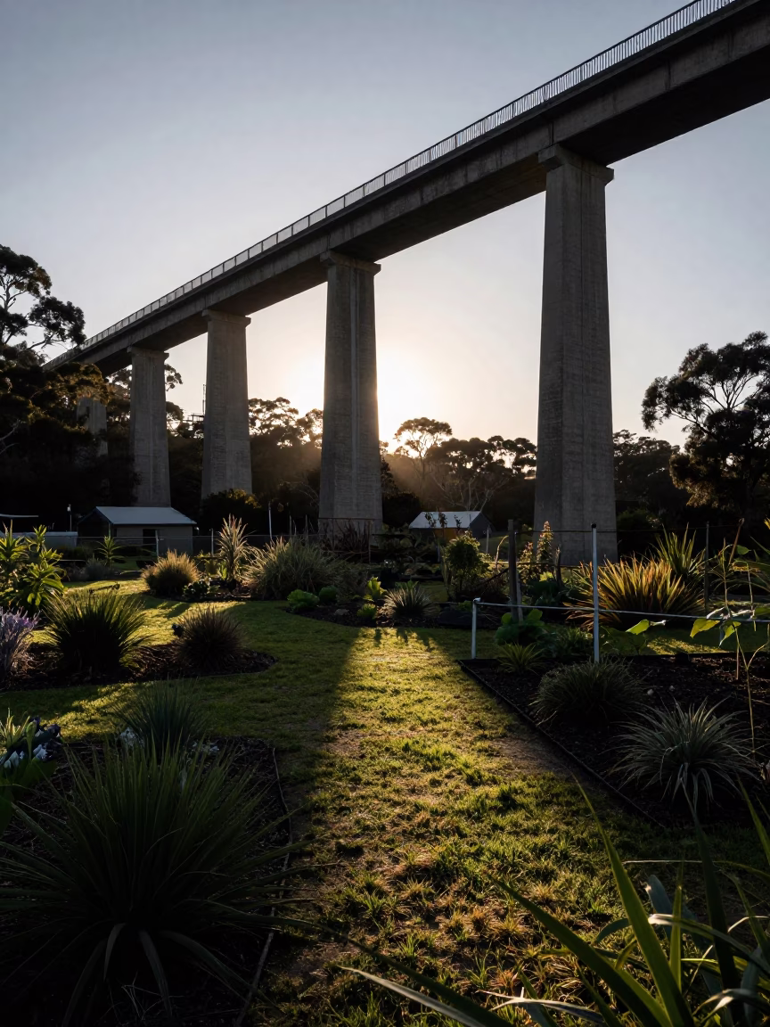 Dawn light on Hobart viaduct shadow over allotment gardens in Tasmania in in Hobart, Tasmania, Australia