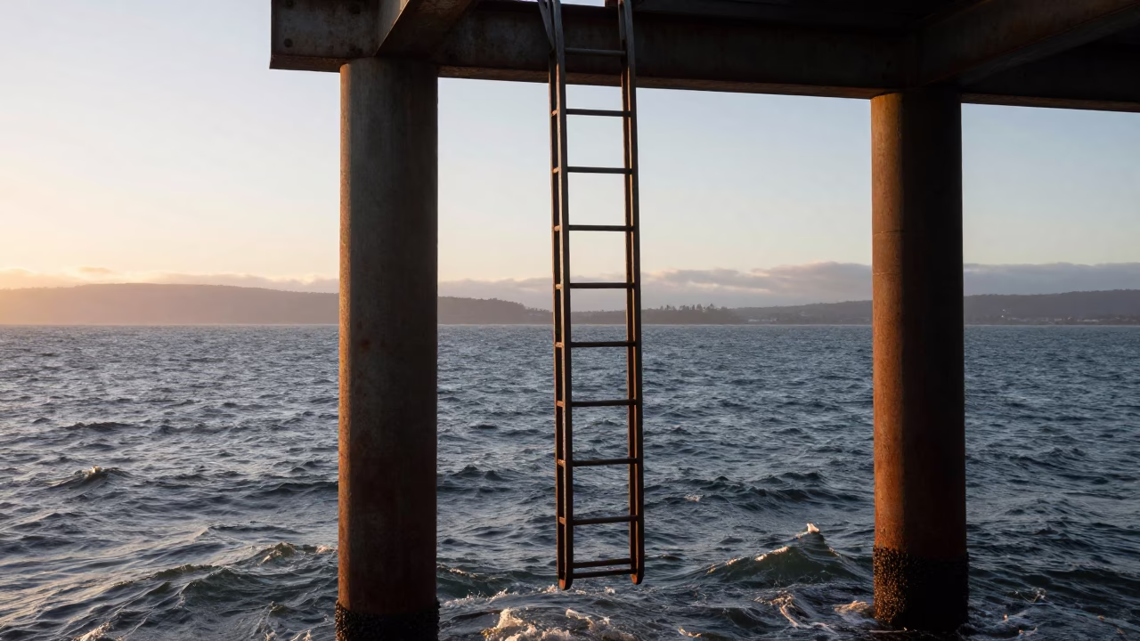 Dawn Light on Hobart Waterfront Bridge Pier Inspection Ladder and Choppy Estuary in in Hobart, Tasmania, Australia