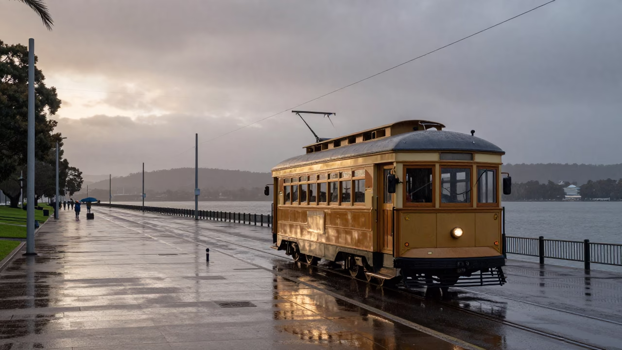 Dawn light on Hobart waterfront heritage tram and rain-swept promenade near Salamanca in in Hobart, Tasmania, Australia