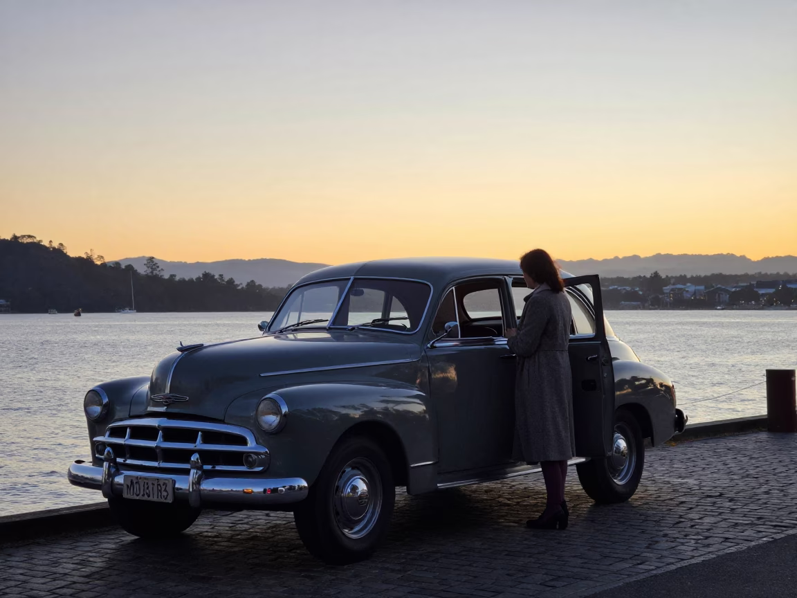 Dawn Light on Hobart Waterfront Promenade with Vintage Car and Harbor View in in Hobart, Tasmania, Australia