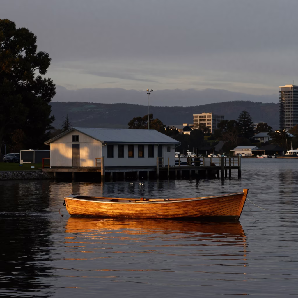 Dawn Light on Hobart Waterfront Rowing Boat and Substation Fence Dew Drops in in Hobart, Tasmania, Australia