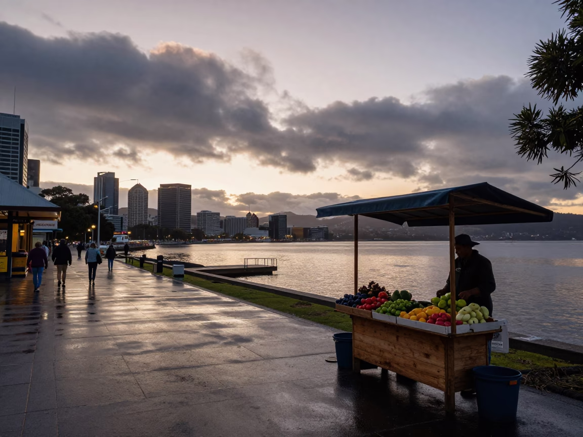 Dawn Light on Hobart Waterfront Street Scene with Local Market Details in in Hobart, Tasmania, Australia