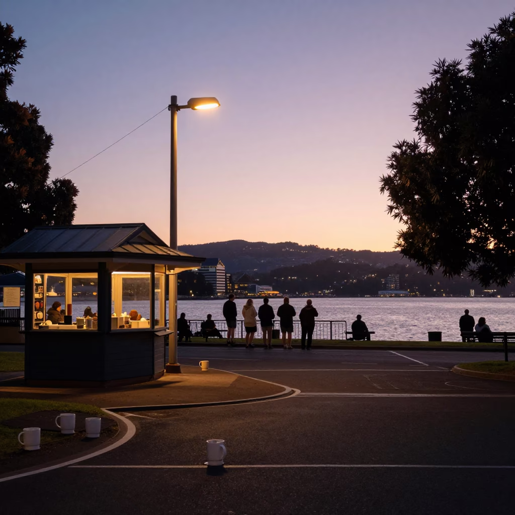 Dawn Light on Hobart Waterfront Street with Ceramic Mugs and String Lights in in Hobart, Tasmania, Australia
