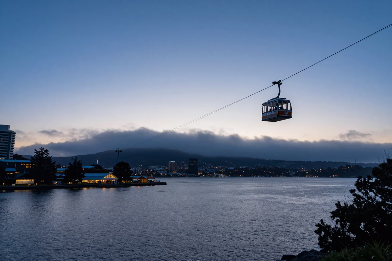 Dawn Light on Hobart Waterfront with Cable Car and Harbor Breakwater in in Hobart, Tasmania, Australia