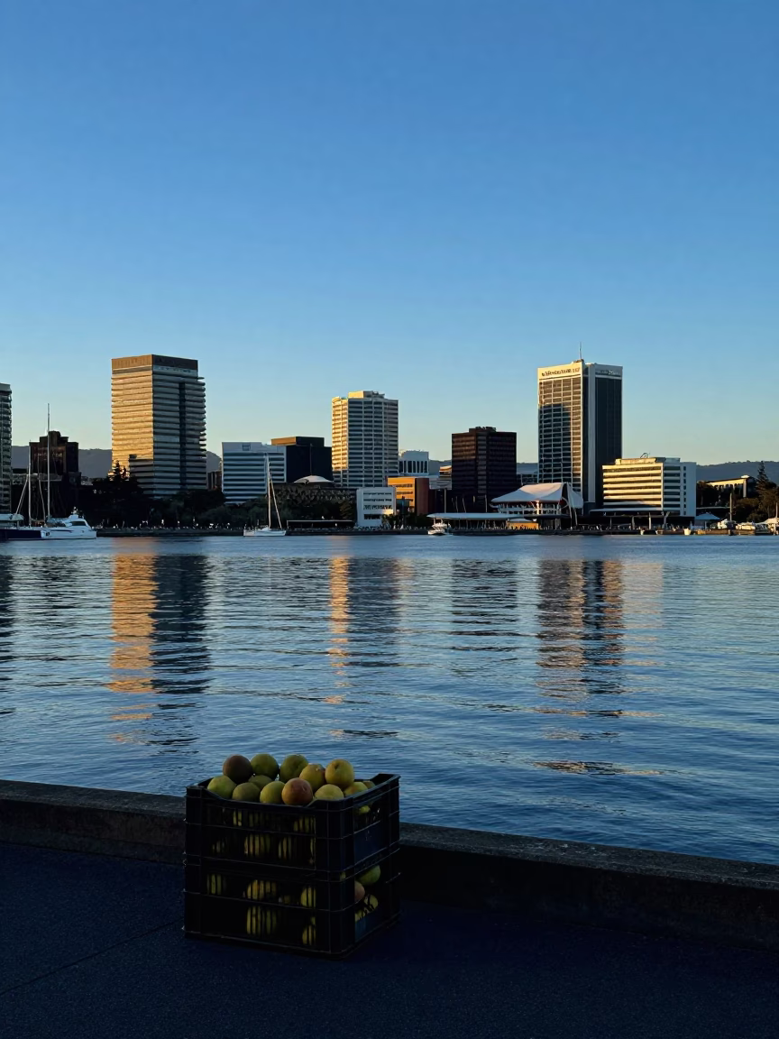 Dawn light on Hobart waterfront with fruit crate and tea infuser in in Hobart, Tasmania, Australia