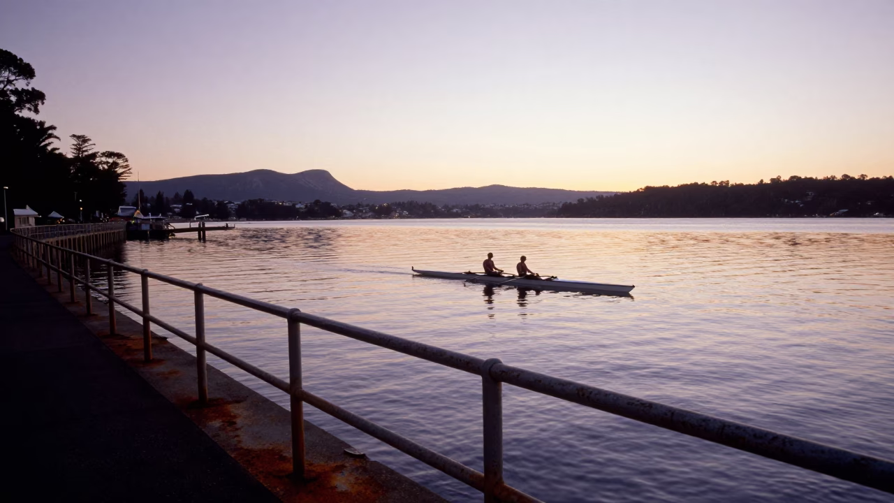 Dawn Light on Hobart Waterfront with Rusty Rail and Rowing Shell in in Hobart, Tasmania, Australia