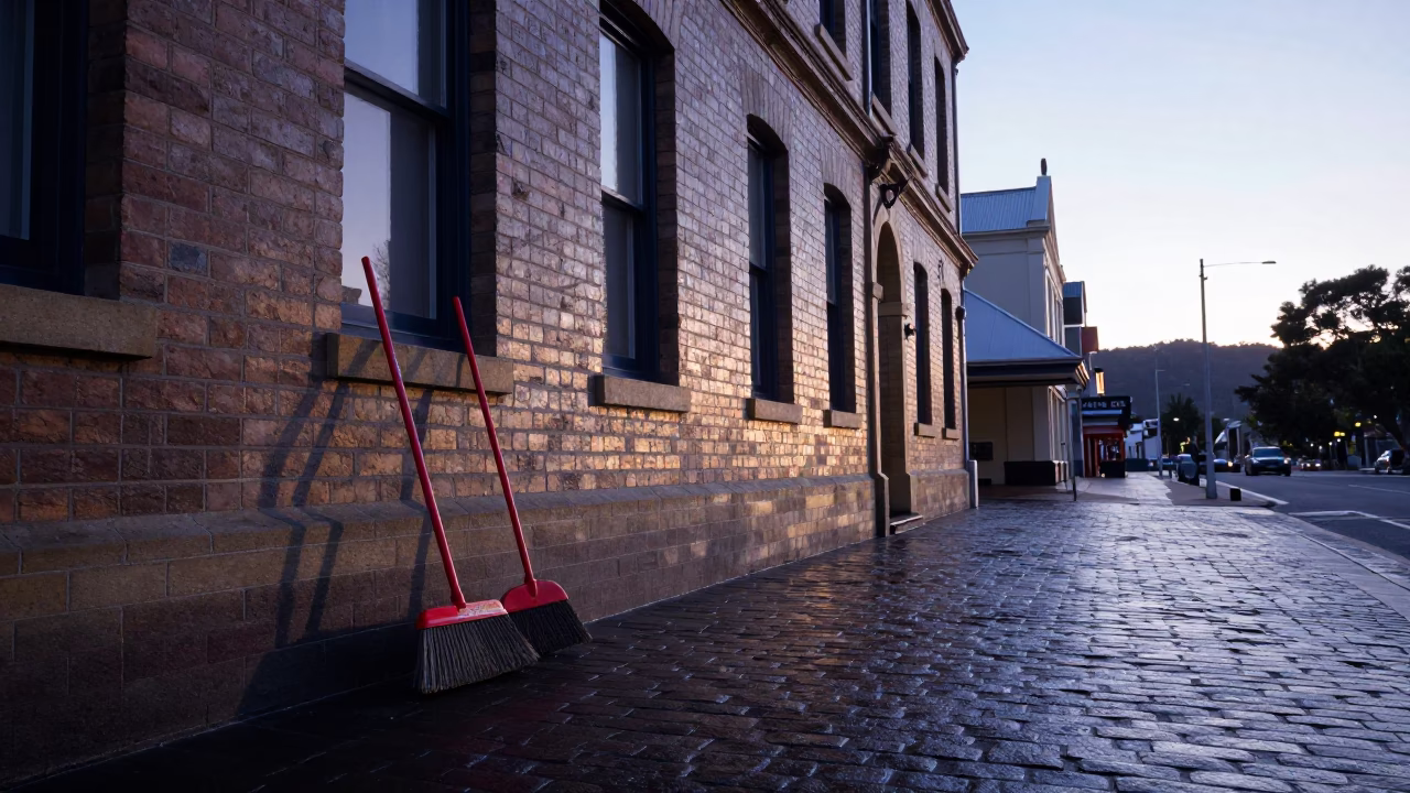 Dawn Light on Hobart Wharf Street Brooms and Pollen Near Salamanca Market in in Hobart, Tasmania, Australia