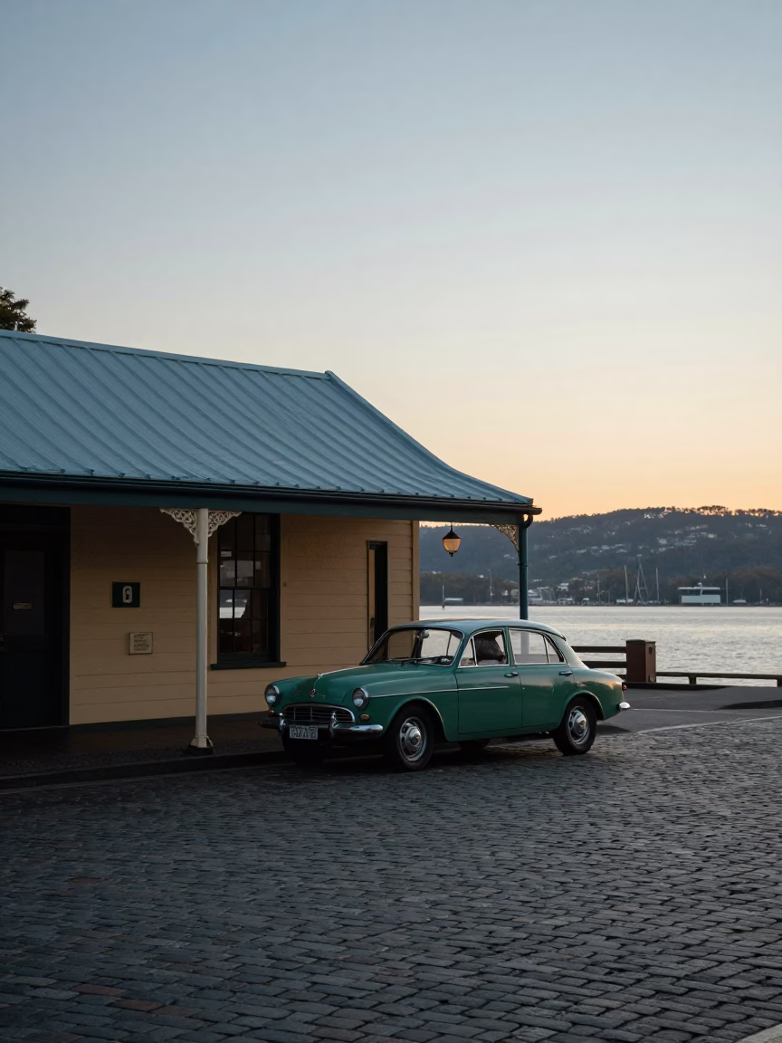 Dawn Light on Hobart Wharf Street Cobblestones with Vintage Car and Harbour Views in in Hobart, Tasmania, Australia