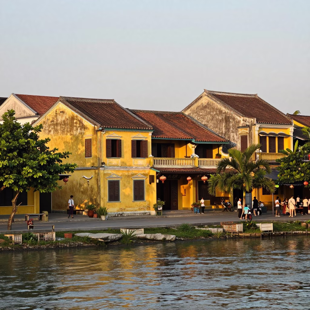 Dawn light on Hoi An ancient town yellow walls and river reflection in in Hoi An, Vietnam
