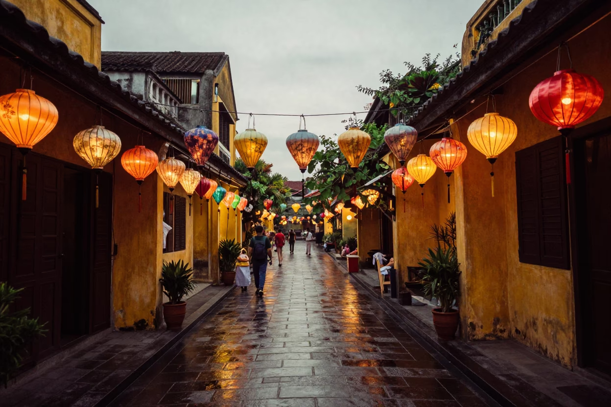 Dawn light on Hoi An lanterns and wet ancient street with breakfast stalls in in Hoi An, Vietnam