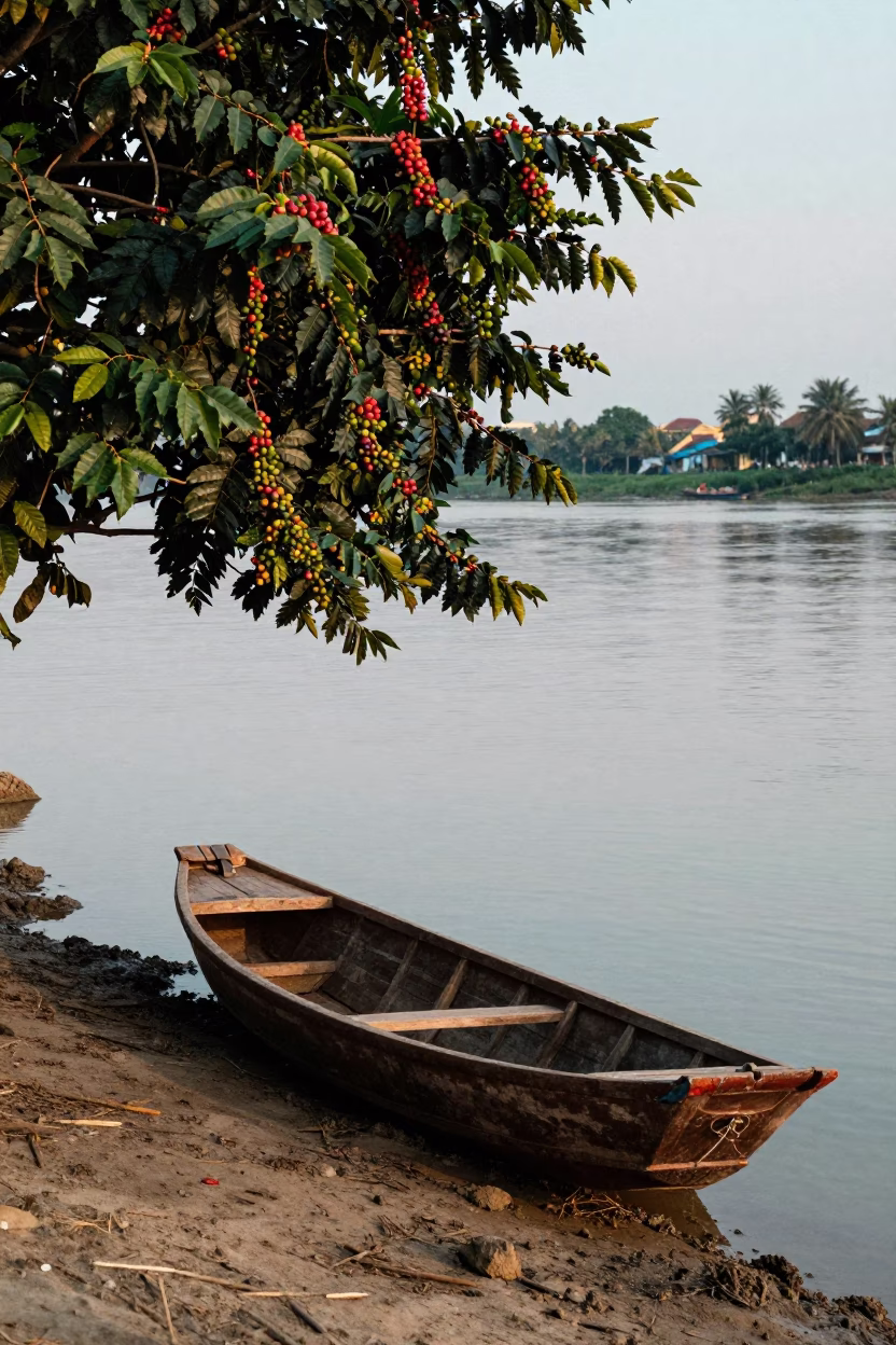 Dawn light on Hoi An riverbank with coffee cherries and wooden boats in in Hoi An, Vietnam