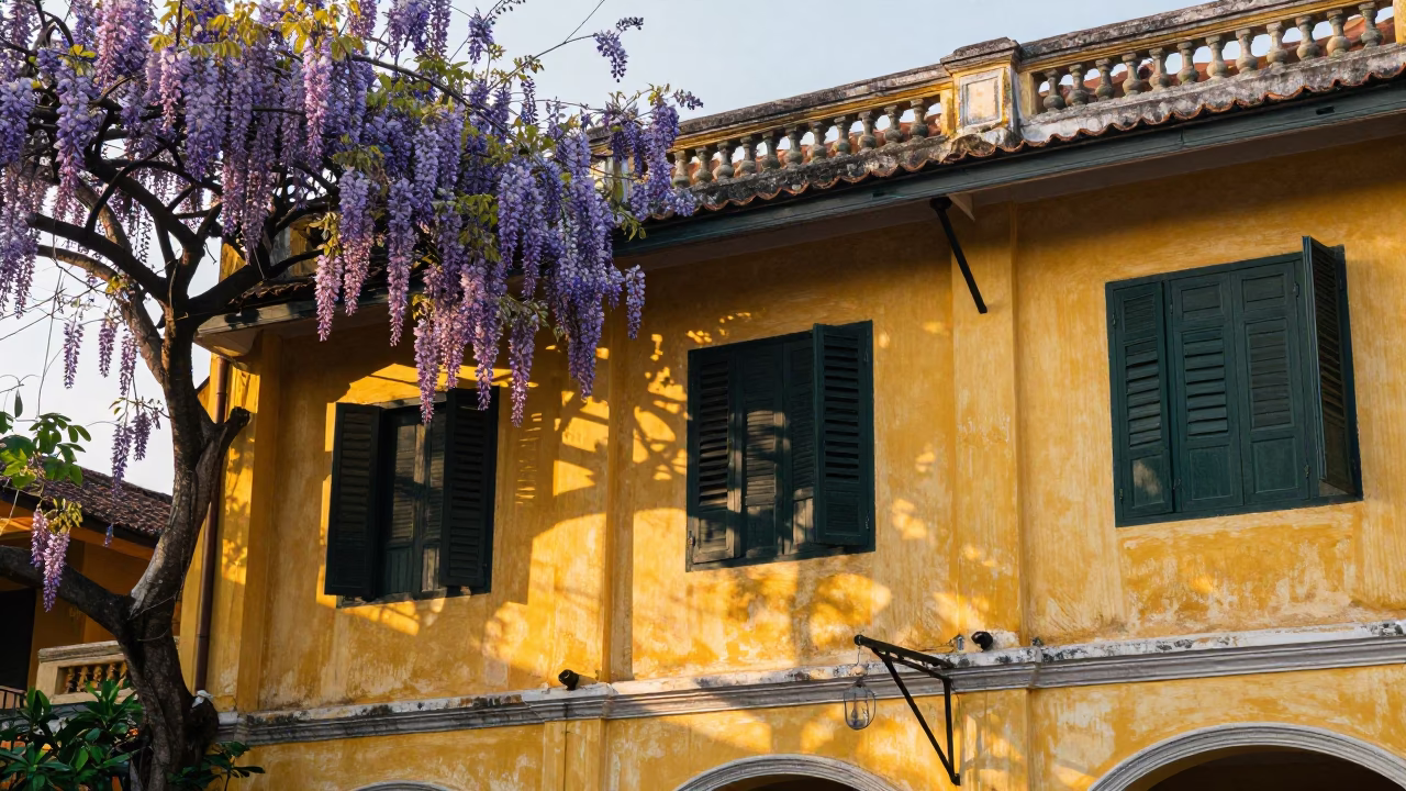 Dawn Light on Hoi An Yellow Walls with Wisteria and Street Life in in Hoi An, Vietnam