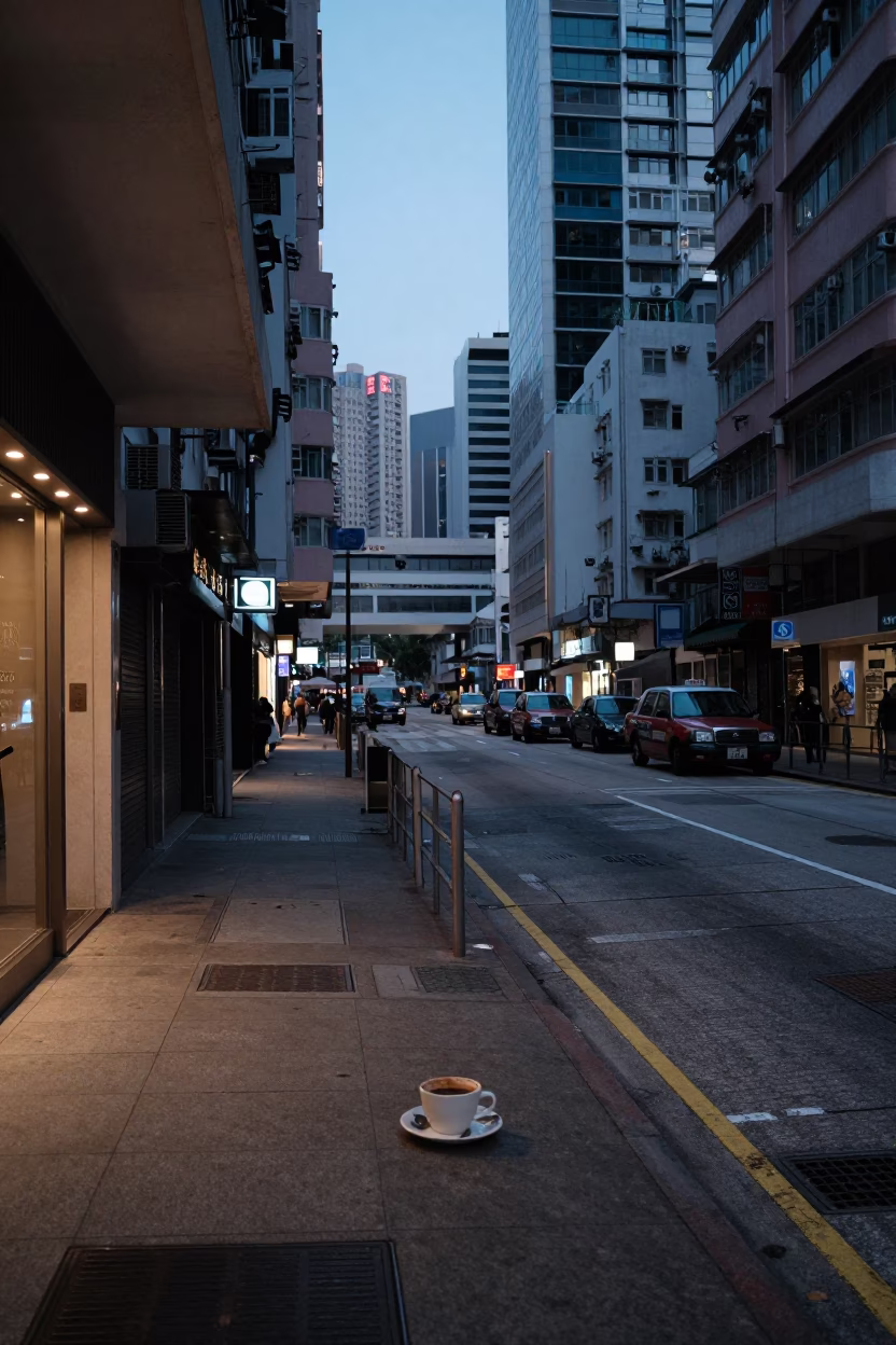 Dawn Light on Hong Kong Street Corner with Espresso Cup and Weathered Bench in in Hong Kong, Hong Kong