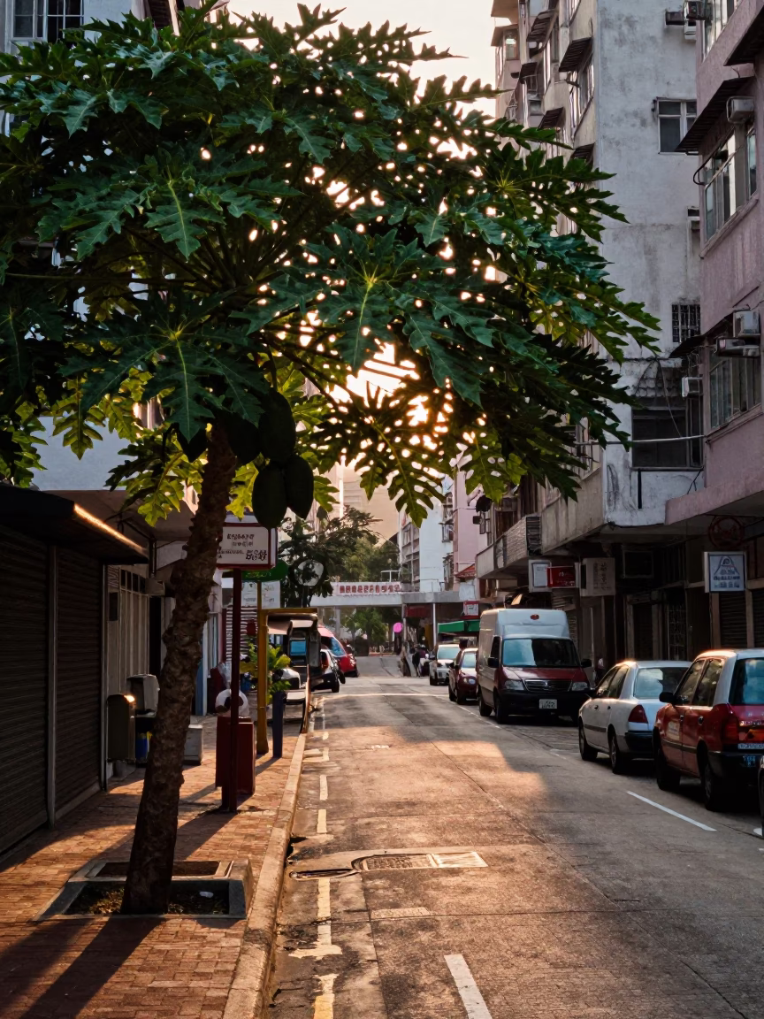 Dawn Light on Hong Kong Street with Papaya Tree and Vintage Motorcycle in in Hong Kong, Hong Kong