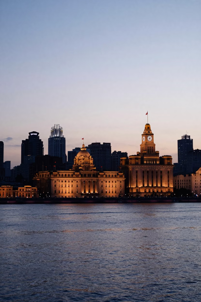 Dawn Light on Huangpu River Bund Shanghai China Skyline Silhouette in in Shanghai, China