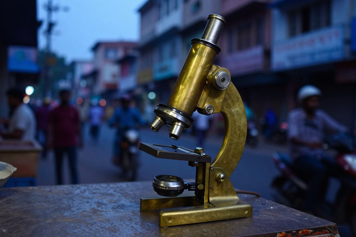 Dawn Light on Hyderabad Street Vendor with Antique Brass Microscope and Sisal Plantation Background in in Hyderabad, India
