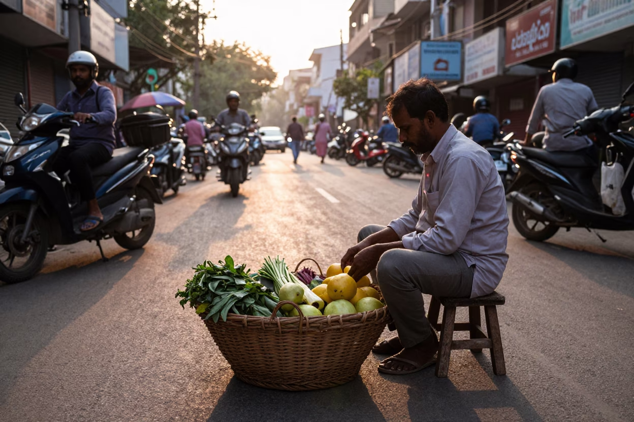 Dawn light on Hyderabad street vendor with wicker basket and stool in in Hyderabad, India