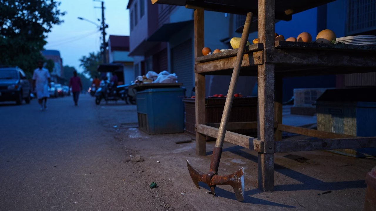 Dawn Light on Hyderabad Street with Vendor and Hoe Near Old City in in Hyderabad, India