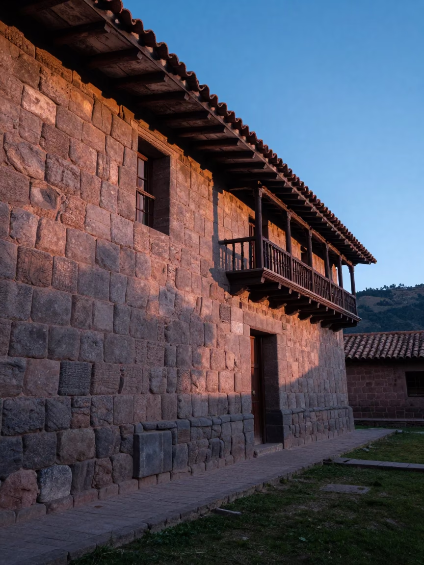 Dawn Light on Inca Stone Walls and Colonial Balconies in Cusco Peru in in Cusco, Peru