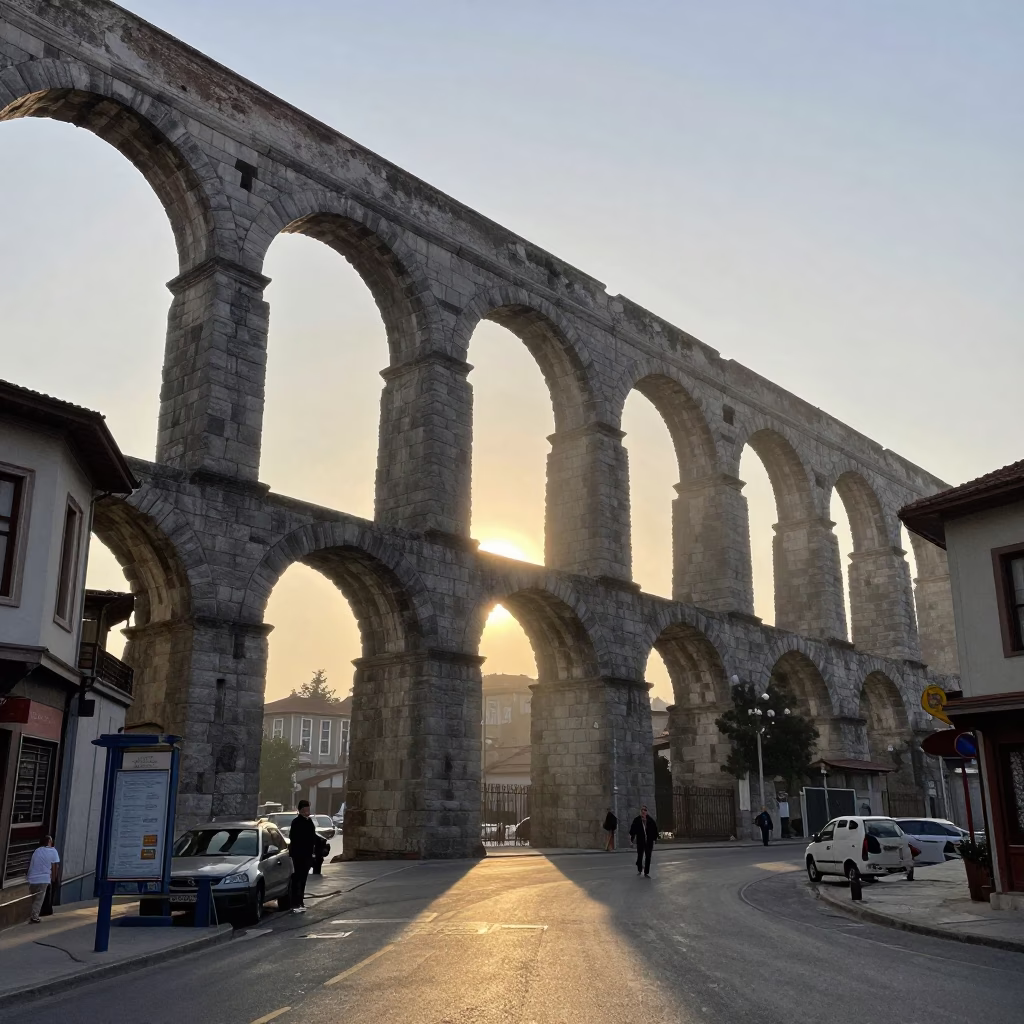 Dawn Light on Istanbul Aqueduct Arcades and Local Street Life in in Istanbul, Turkey