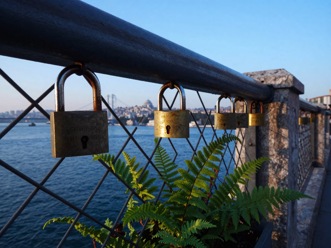 Dawn Light on Istanbul Bosphorus Bridge Padlock and Ferns in in Istanbul, Turkey