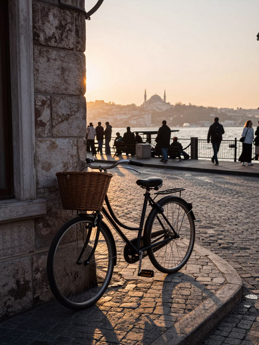 Dawn Light on Istanbul Bosphorus with Vintage Bicycle and Local Street Vendor in in Istanbul, Turkey