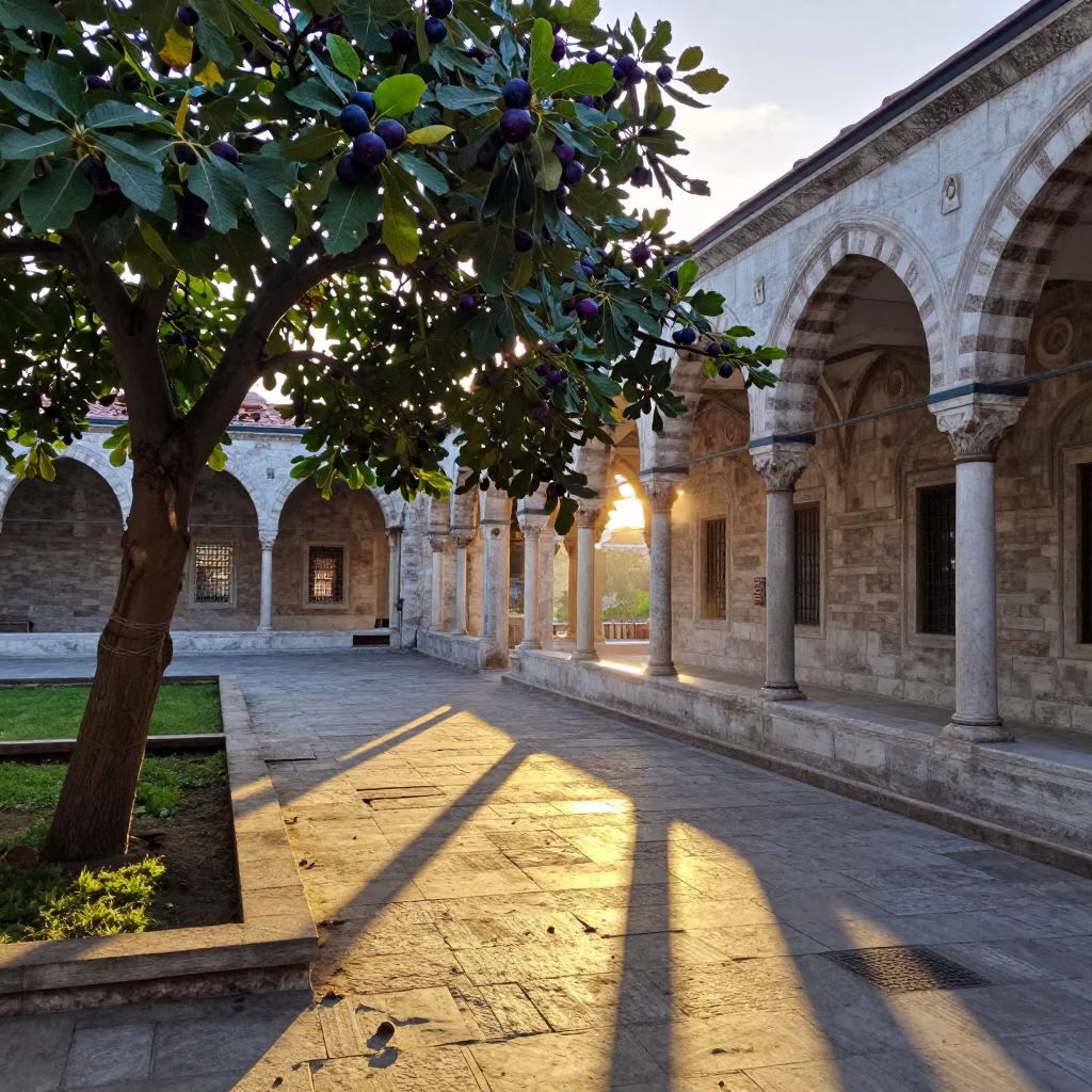 Dawn Light on Istanbul Stone Cloister Walkway with Fig Tree and Cargo Ship Horizon in in Istanbul, Turkey