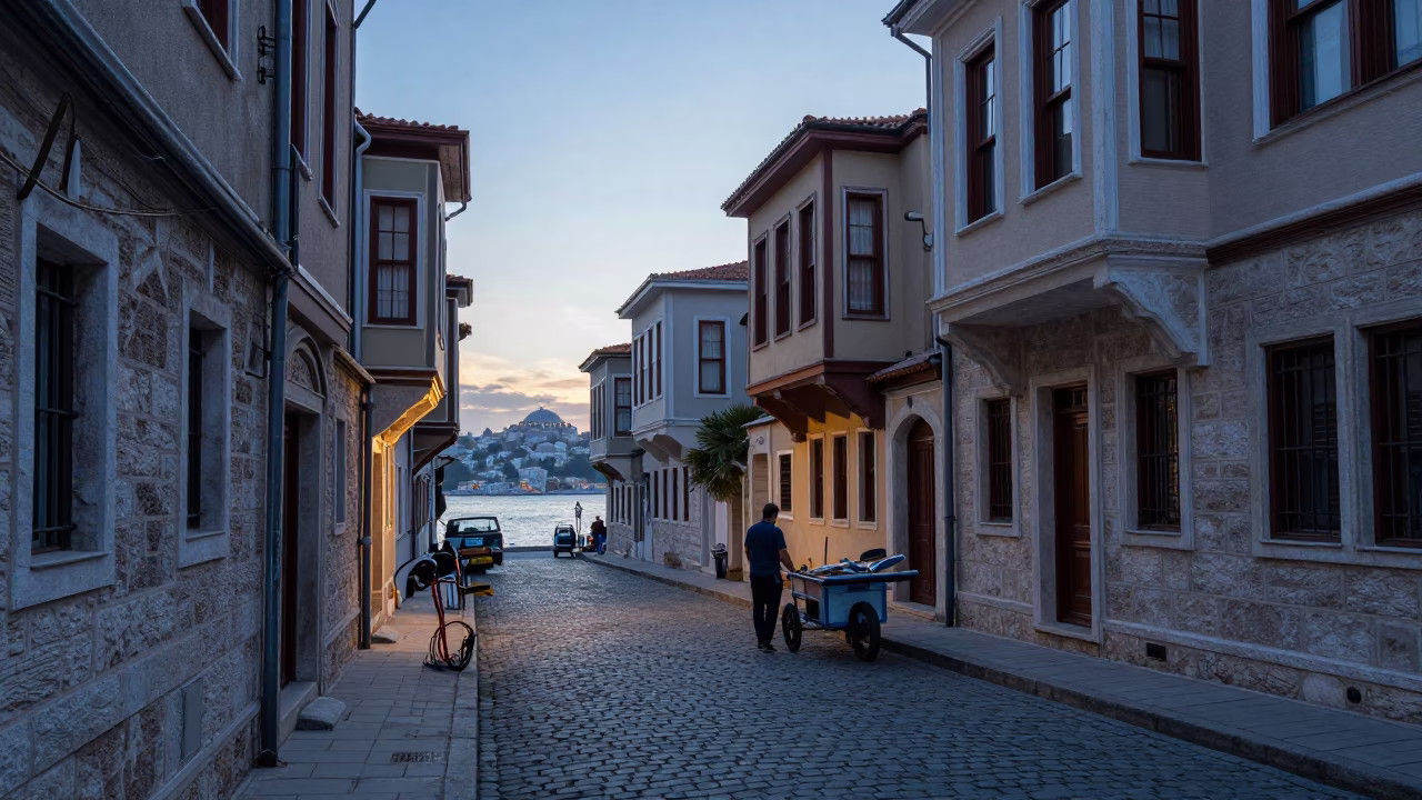Dawn Light on Istanbul Street with Coiled Rope and Local Commerce in in Istanbul, Turkey