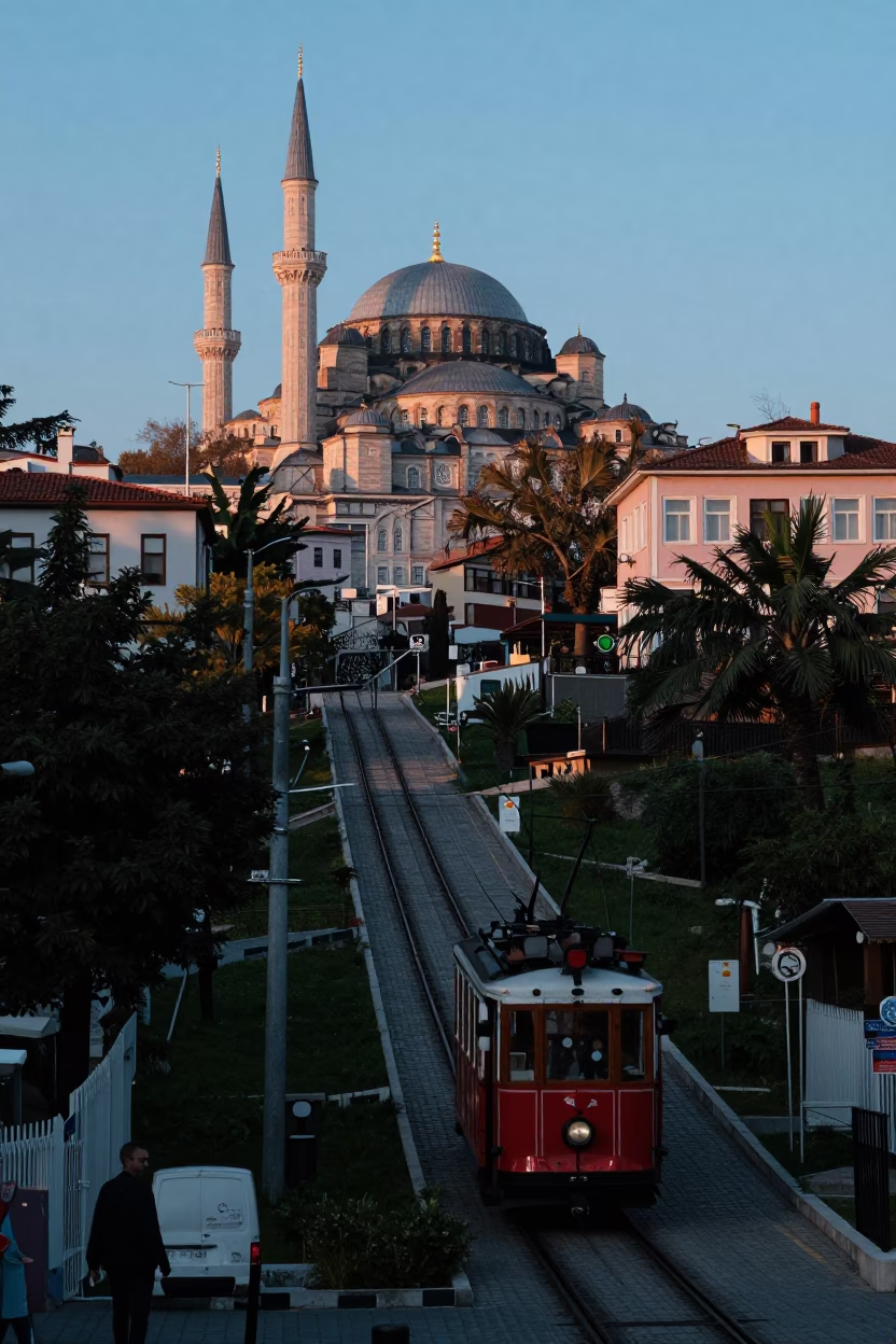 Dawn Light on Istanbul Street with Funicular and Terraced Gardens in in Istanbul, Turkey