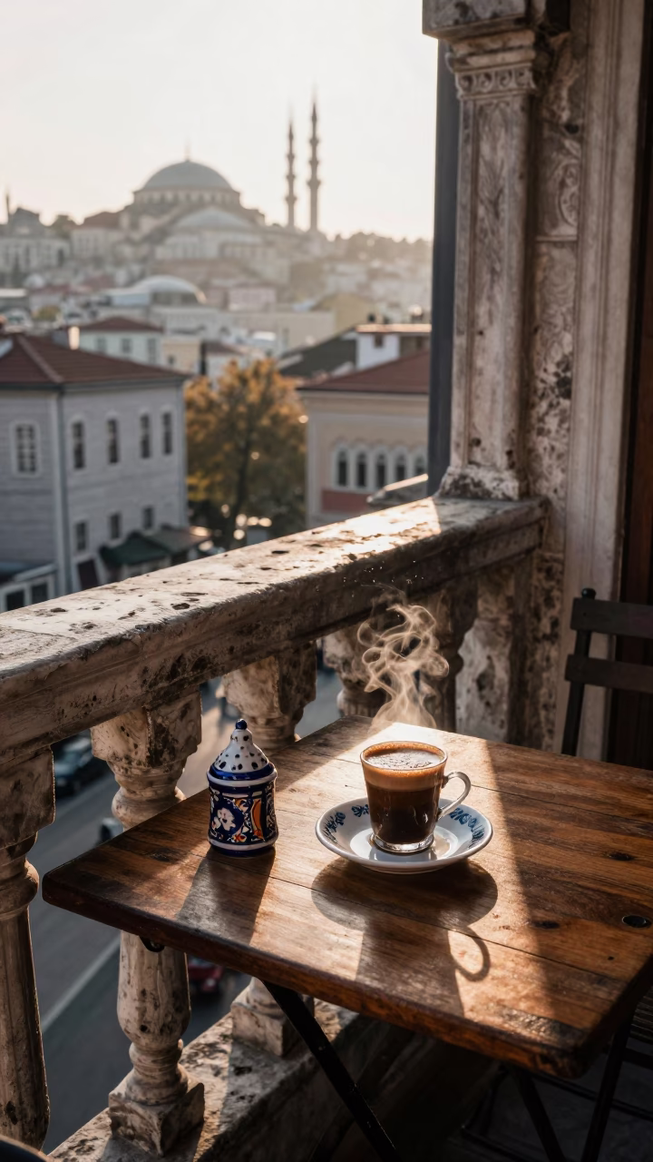 Dawn Light on Istanbul Street with Turkish Coffee and Bicycle Basket in in Istanbul, Turkey
