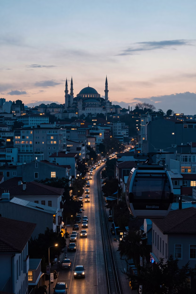 Dawn Light on Istanbul Streets with Aerial Tramway Gondola Above Morning Fog in in Istanbul, Turkey