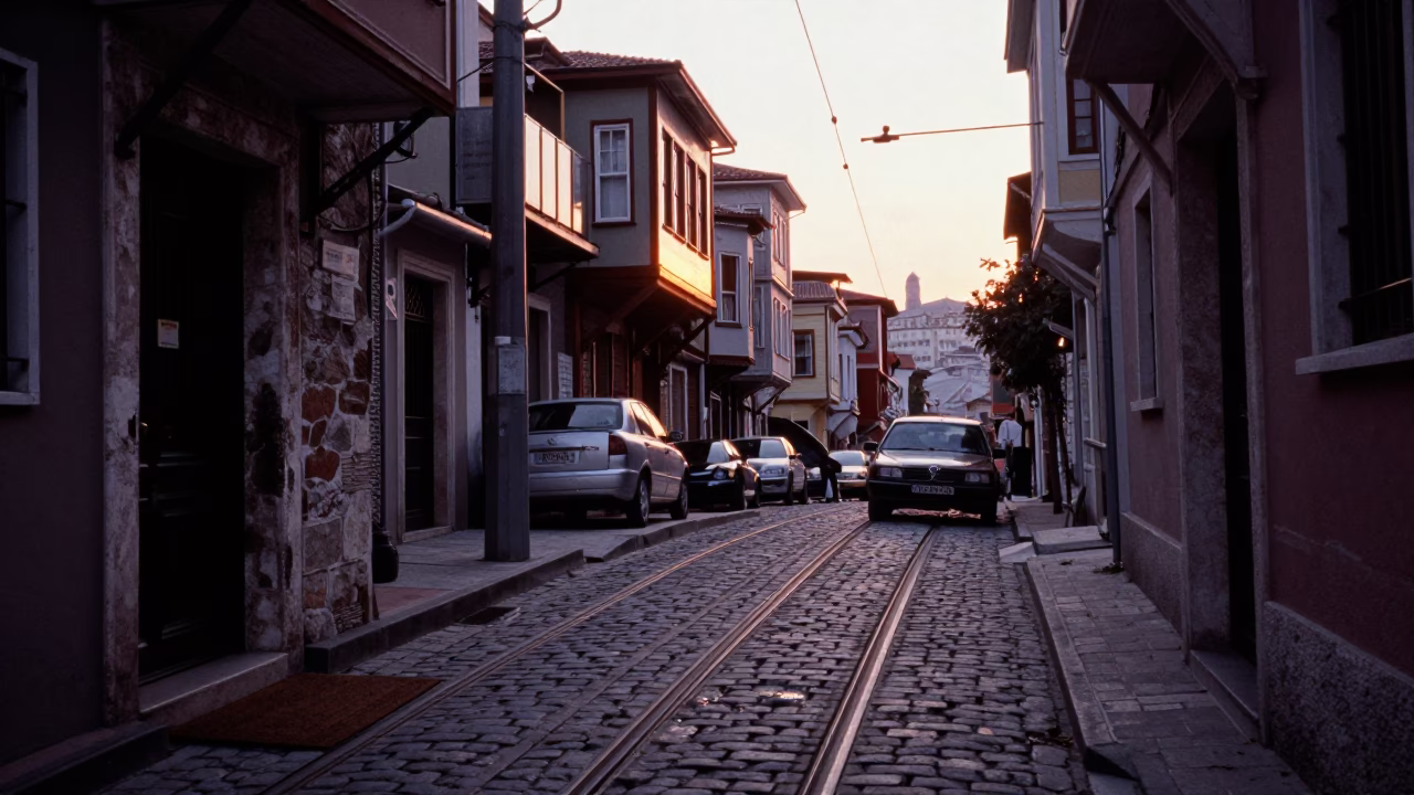 Dawn light on Istanbul streets with funicular climbing steep hill and doormat in in Istanbul, Turkey