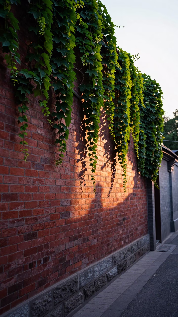 Dawn light on ivy climbing brick wall in Beijing alleyway street scene in in Beijing, China