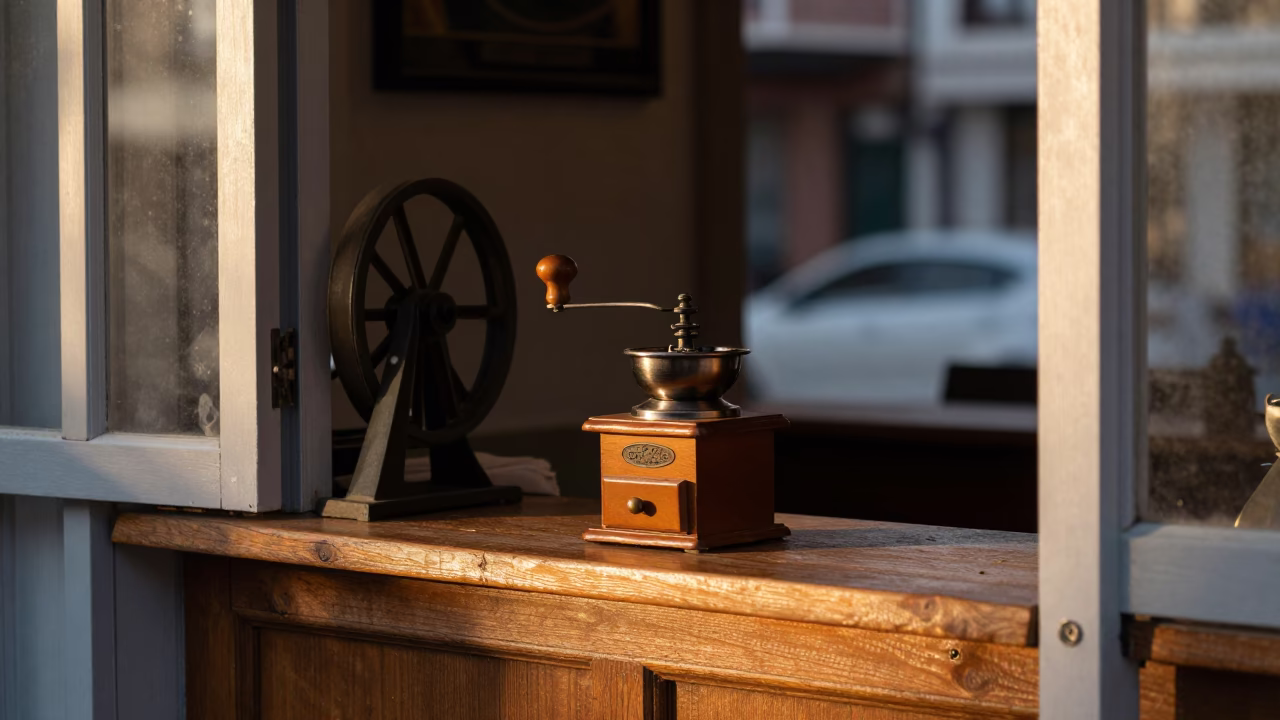Dawn Light on Izmir Cafe Counter with Vintage Hand-Crank Coffee Grinder in in Izmir, Turkey