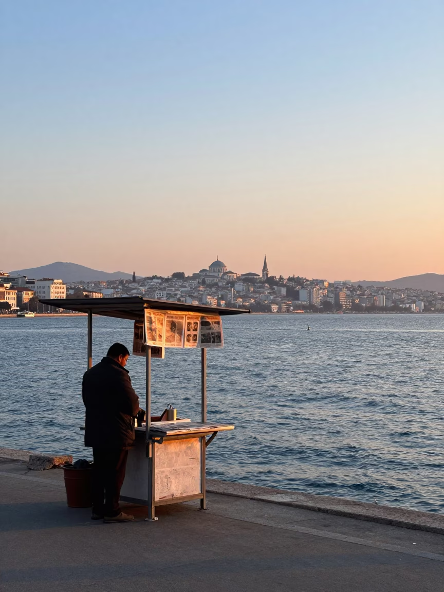 Dawn light on Izmir coastline with newspaper vendor and traditional tea glasses at sunrise in in Izmir, Turkey