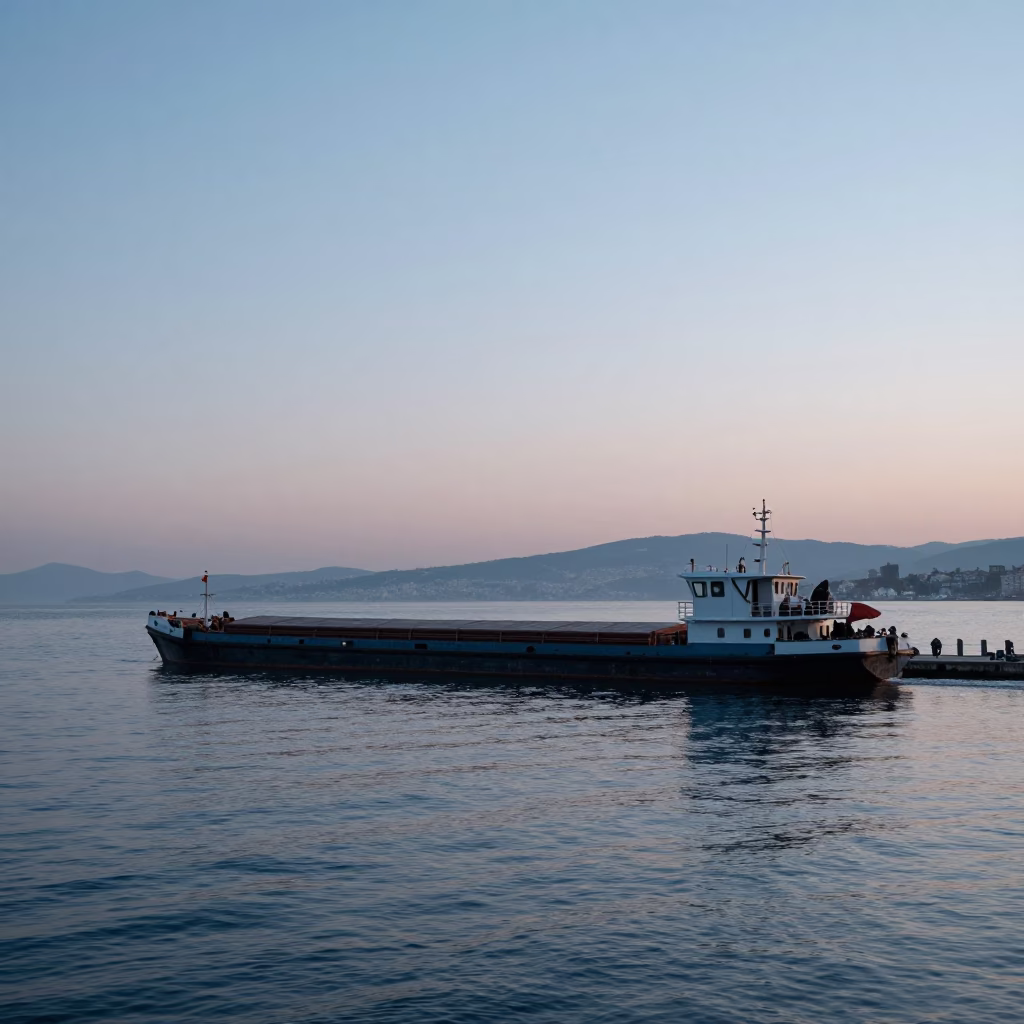 Dawn Light on Izmir Harbor Waterfront with Canal Barge and Morning Routine in in Izmir, Turkey