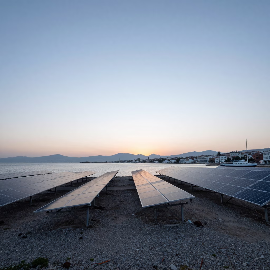 Dawn light on Izmir harbor with solar panels and hydrangeas in in Izmir, Turkey