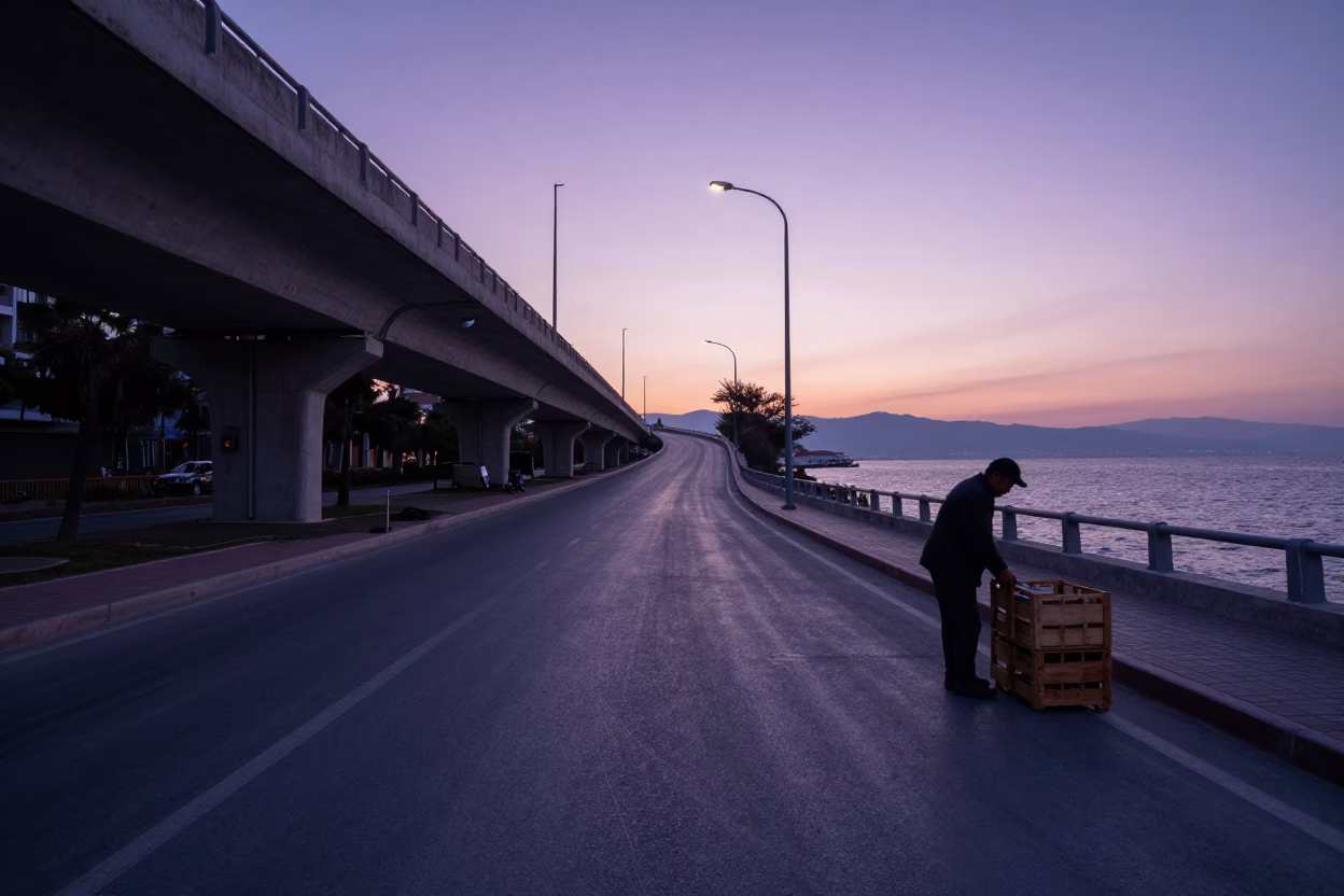 Dawn Light on Izmir Overpass Ramp and Coastal Street Scene in in Izmir, Turkey